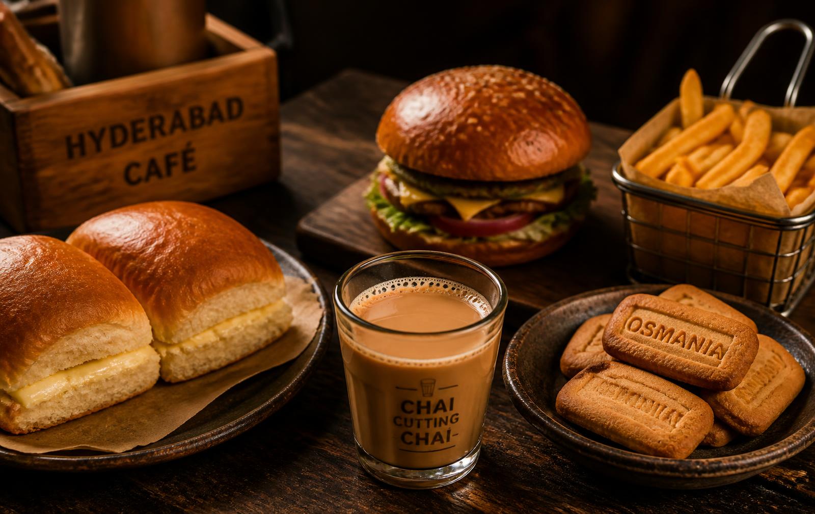 Table spread of chai, bun maska and burgers at BTech Cafe
