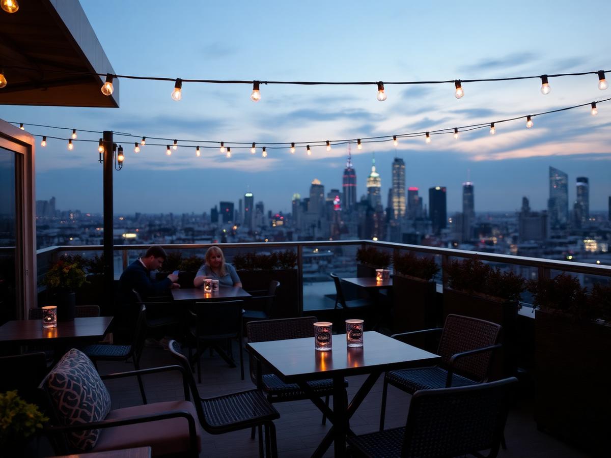 Rooftop seating at dusk with warm string lights